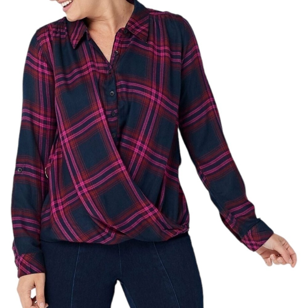 TOLANI COLLECTION Ivanna Pink/Grey women’s small plaid floral long sleeve button